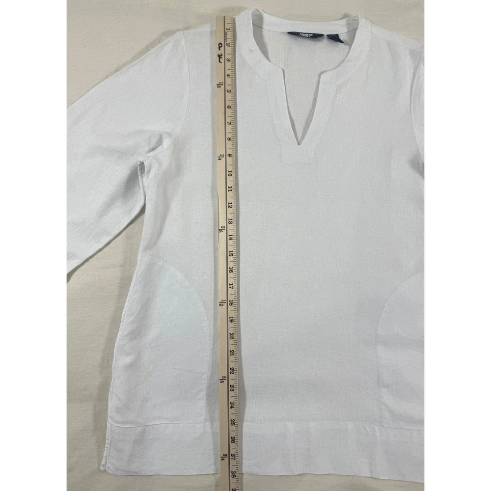 Lands' End White Linen Blend Split Neck Tunic Blouse S Coastal Resort Minimalist